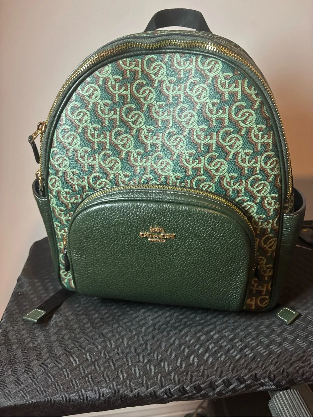 Coach Green Signature Monogram Pebble Leather Backpack